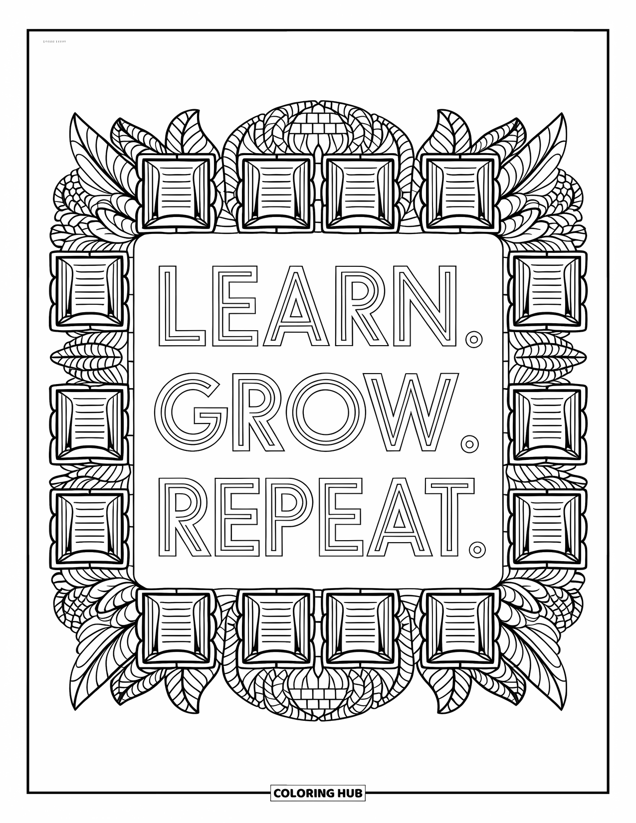 Back To School Coloring Page for Adults: Book and leaf mandala wraps around "Learn. Grow. Repeat"