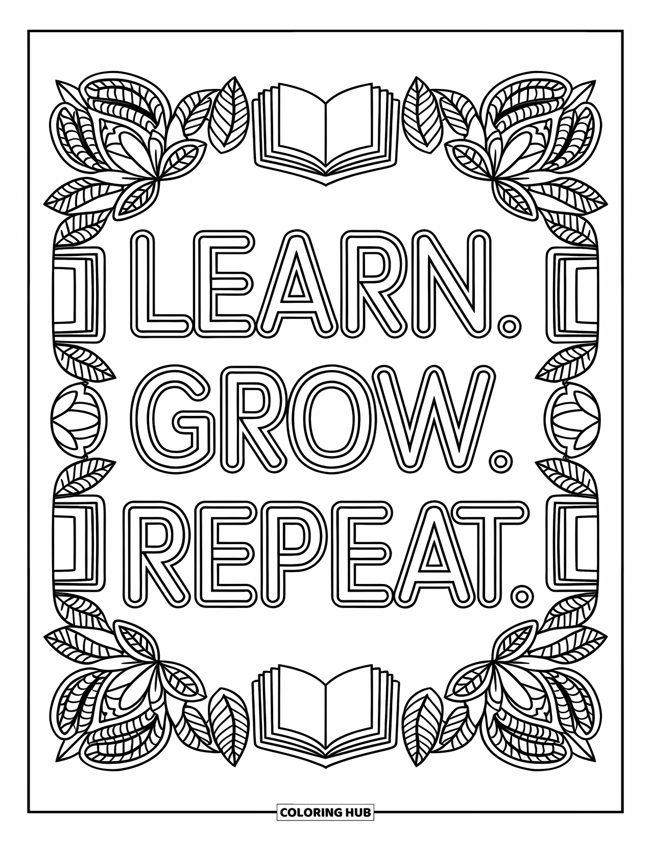 Back To School Coloring Page for Adults: Books and leaves frame the words "Learn. Grow. Repeat"