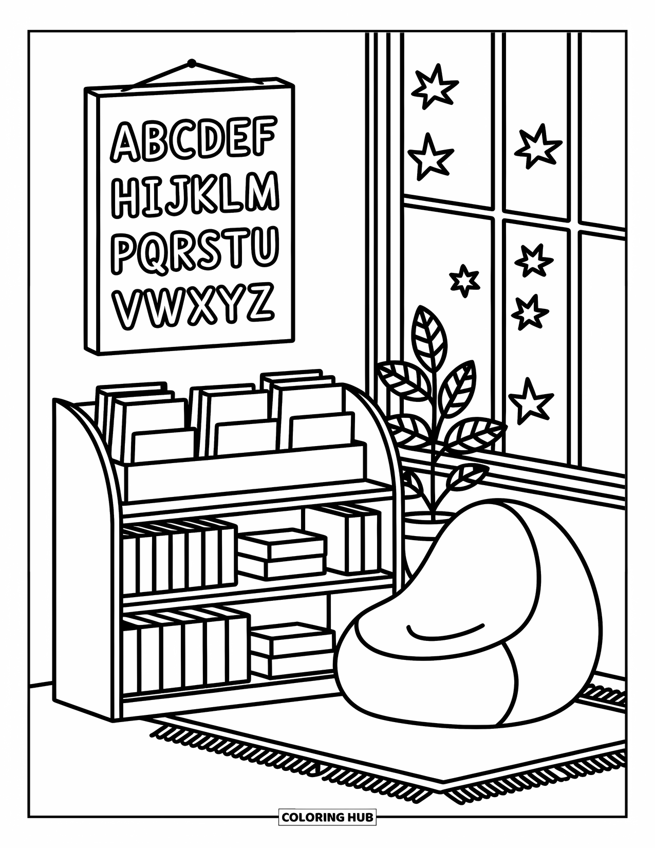 Back To School Coloring Page for Adults: Cozy classroom nook with beanbag, bookshelf, and a potted plant