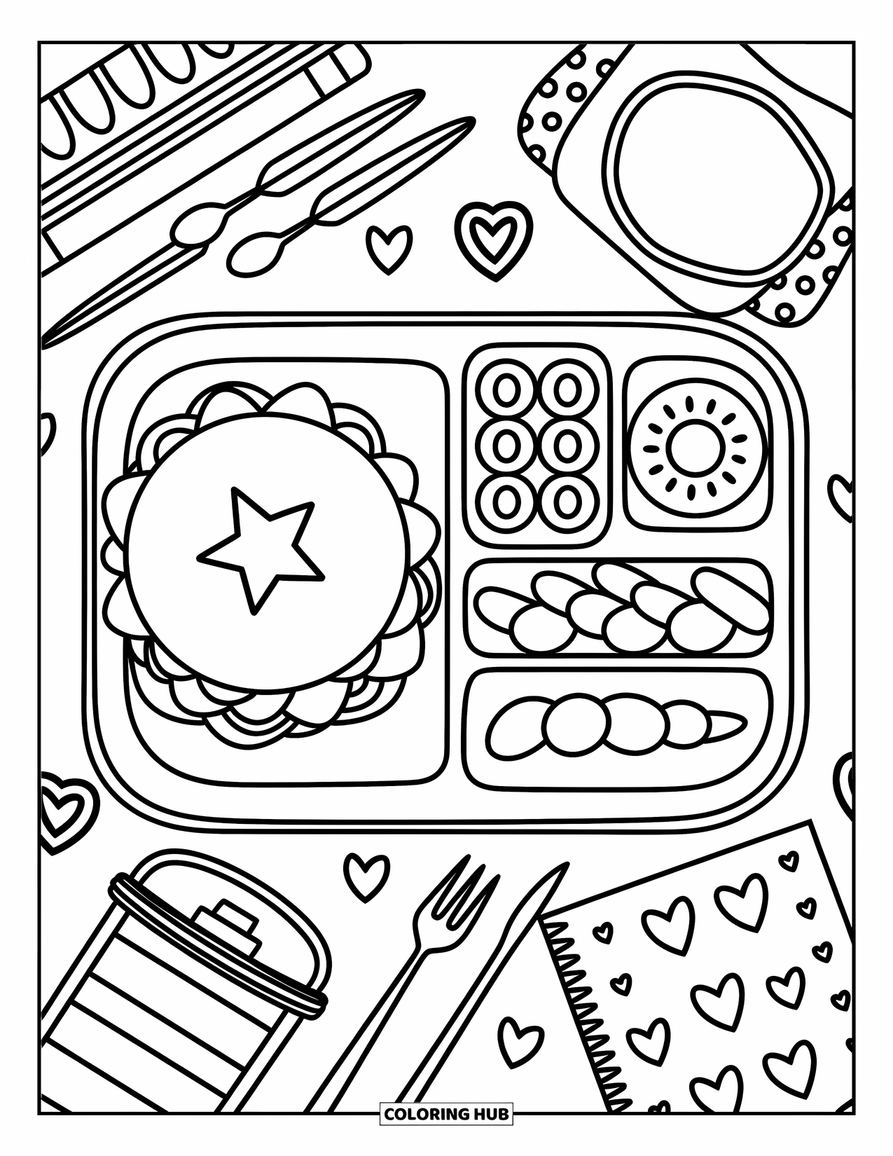 Back To School Coloring Page for Adults: Cute lunch tray with fruit slices, sandwich, and a dot-covered bottle