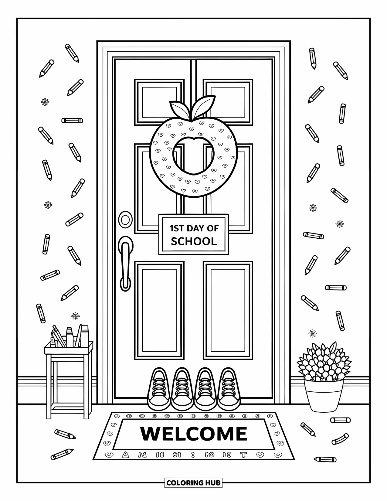 Back To School Coloring Page for Adults: Cute school entry with a wreath, welcome mat, and tiny supplies
