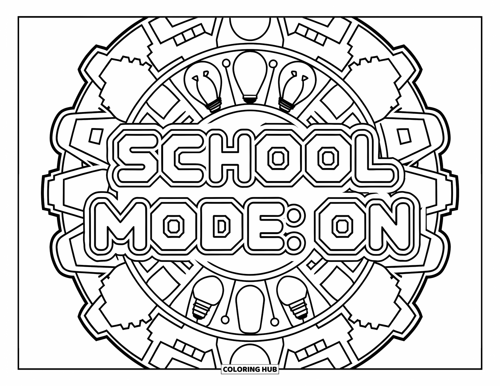 Back To School Coloring Page for Adults: Digital-style "School Mode: ON" with a gear and light bulb mandala