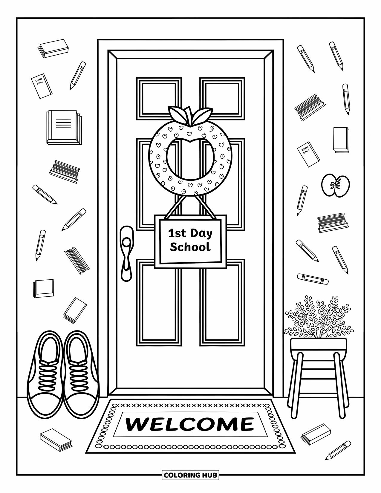 Back To School Coloring Page for Adults: Door with ì1st Day of Schoolî sign, wreath, shoes, and alphabet mat