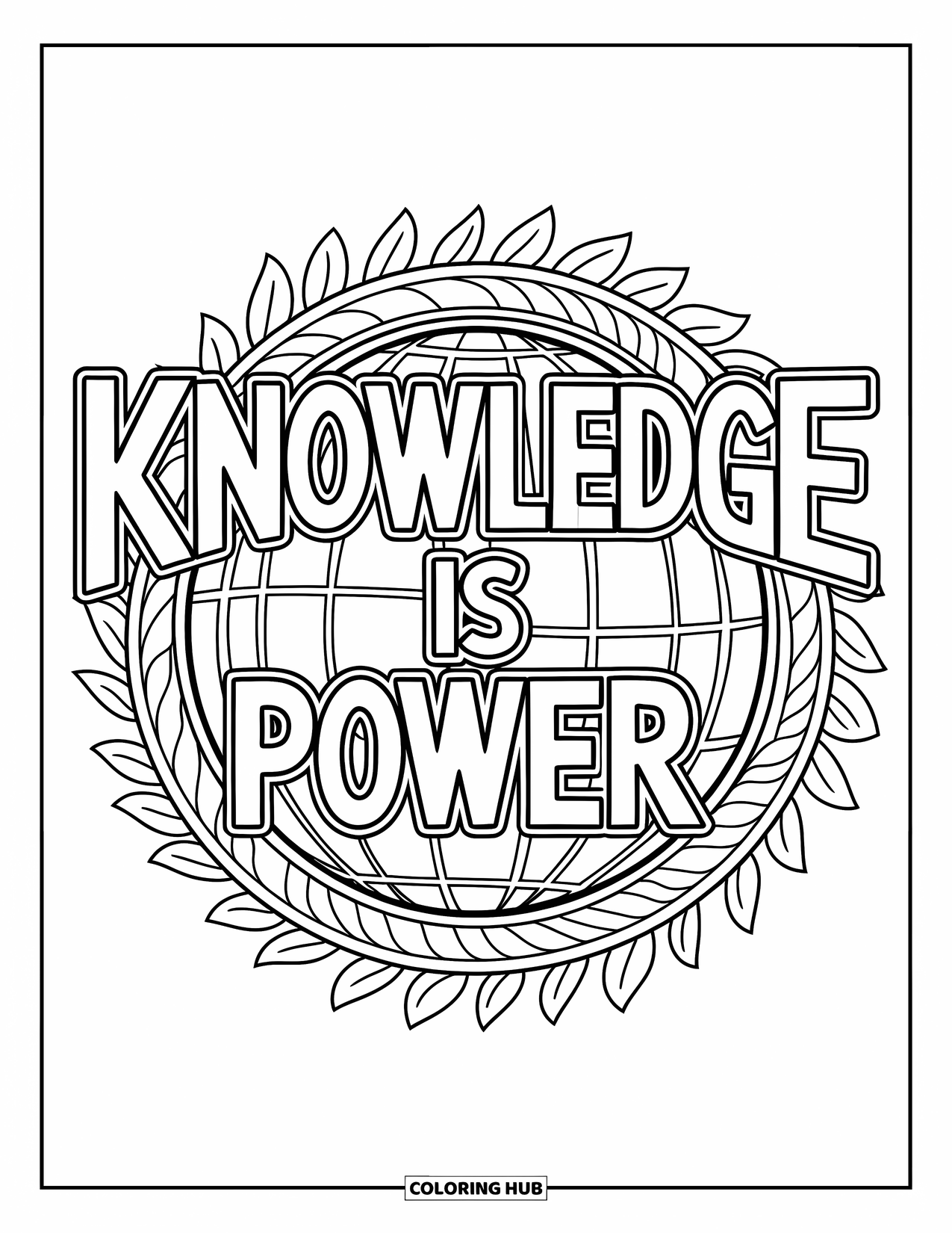 Back To School Coloring Page for Adults: "Knowledge is Power" nestled in a learning mandala of globe and leaf icons