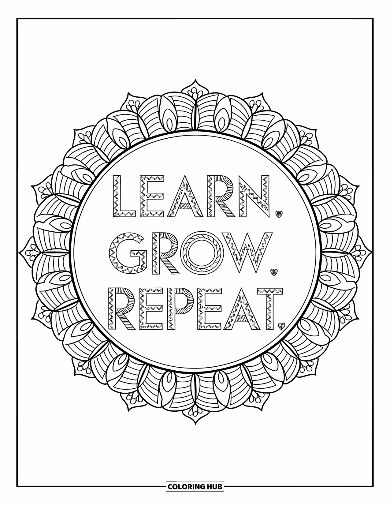 Back To School Coloring Page for Adults: "Learn. Grow. Repeat." surrounded by an ornate leafy mandala of books