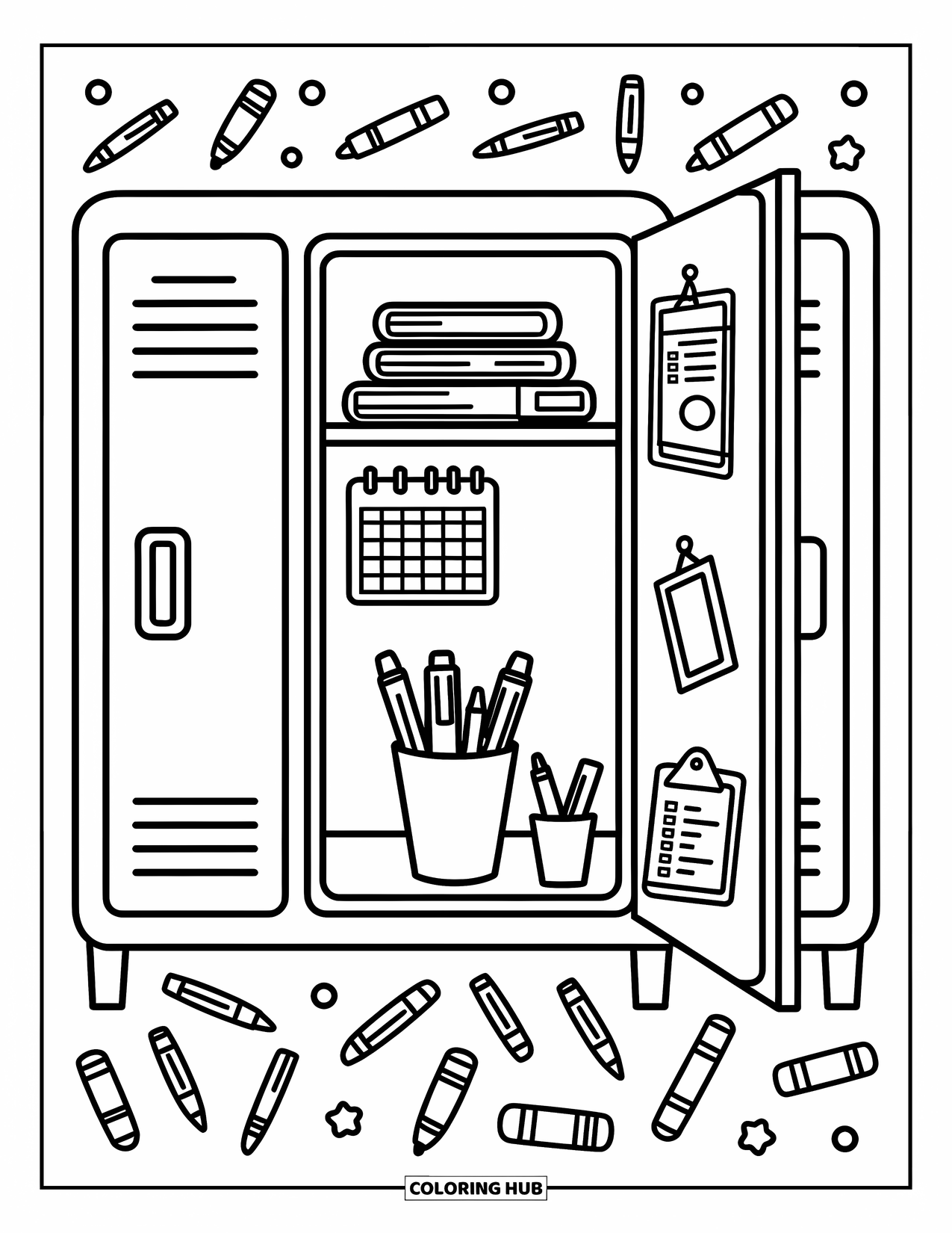 Back To School Coloring Page for Adults: Locker with books, calendar, clipboard, and scattered tiny supplies