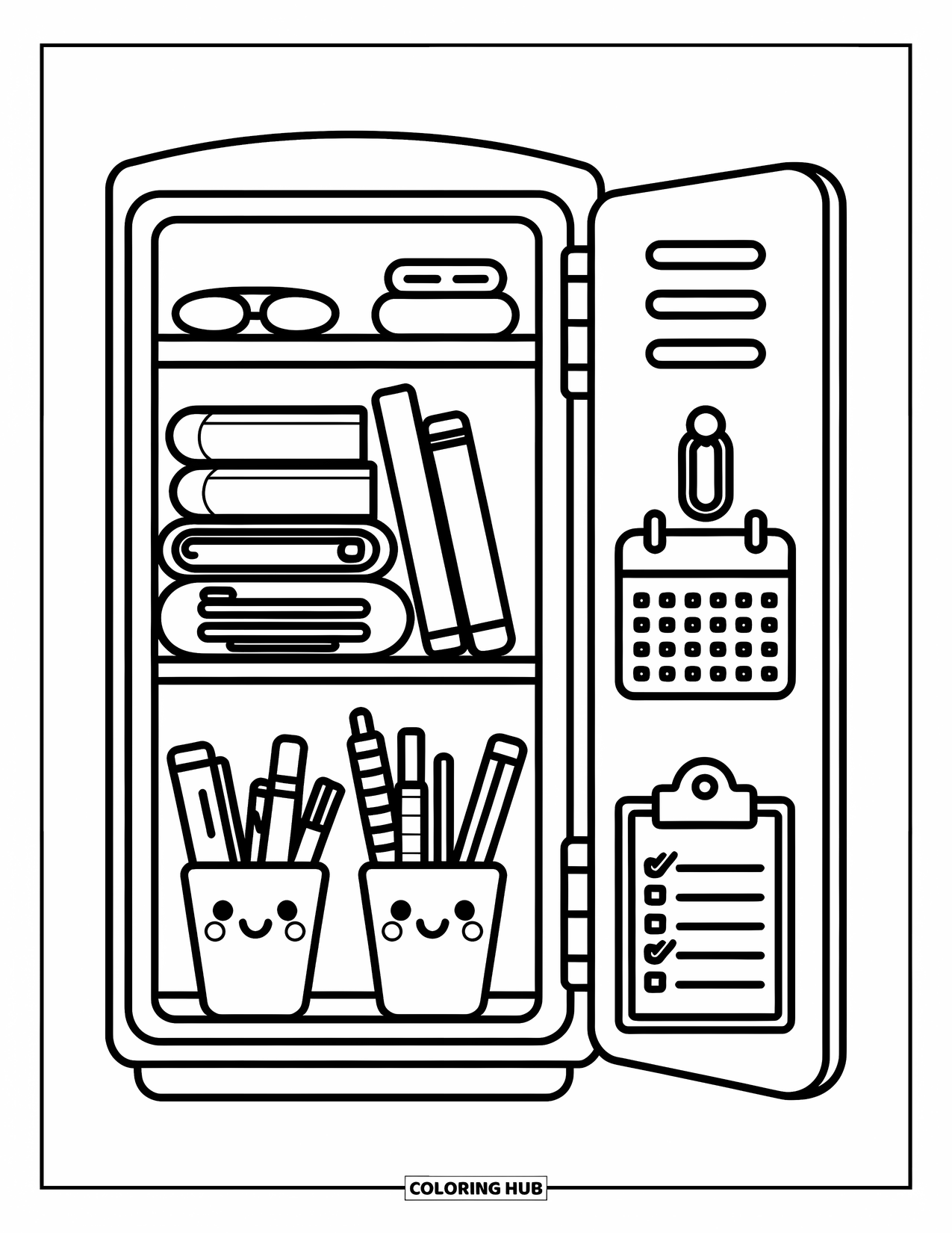 Back To School Coloring Page for Adults: Open locker with calendar, photo, books, and a cute checklist