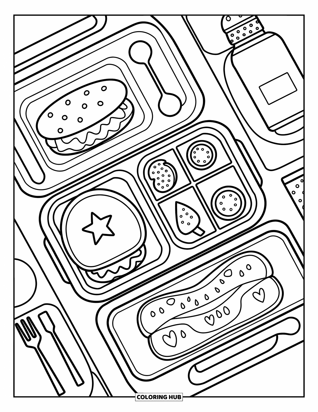 Back To School Coloring Page for Adults: Star-cut sandwich and fruit packed on a cheerful lunch tray