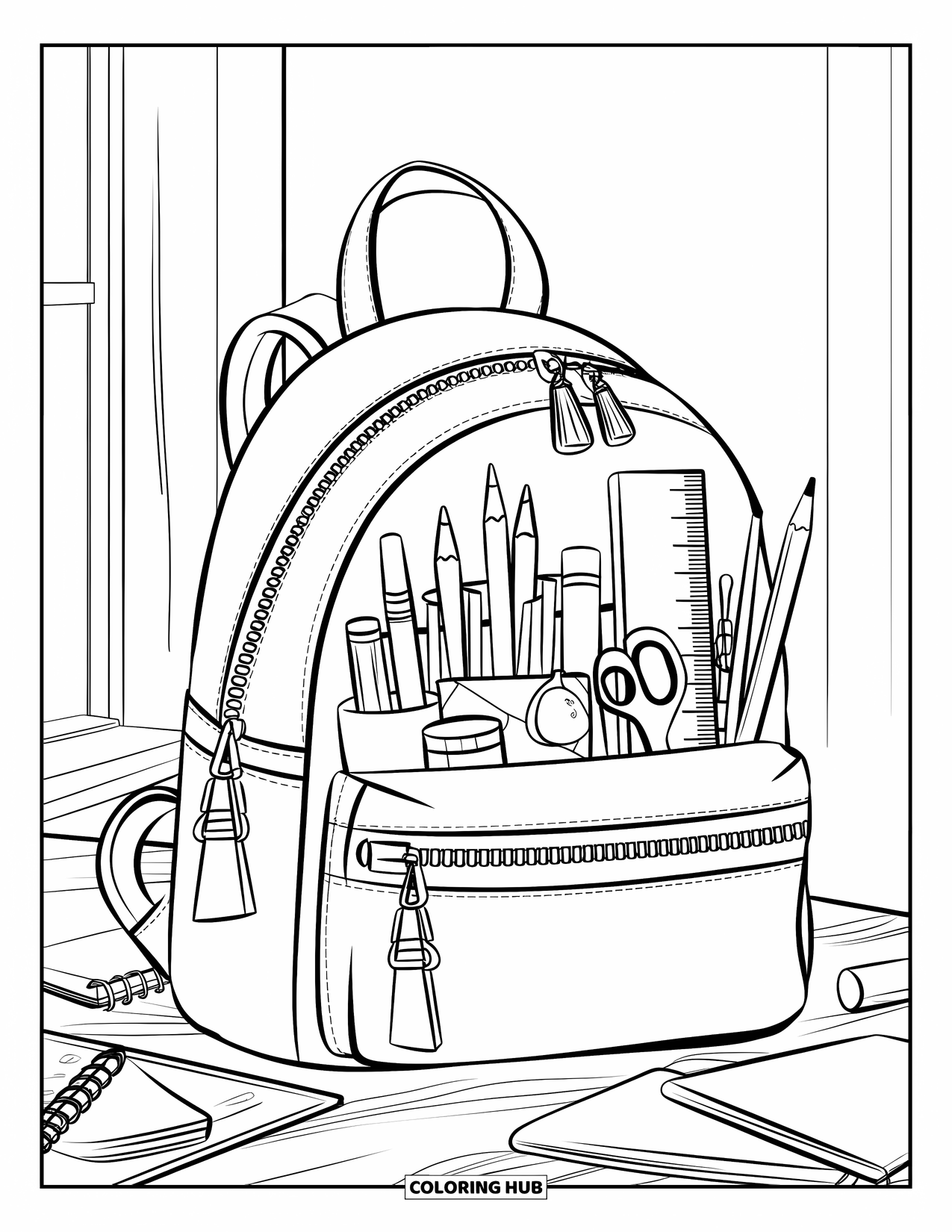 Back To School Coloring Page for Kids: A backpack with supplies, books, and a notebook rests on a simple classroom table