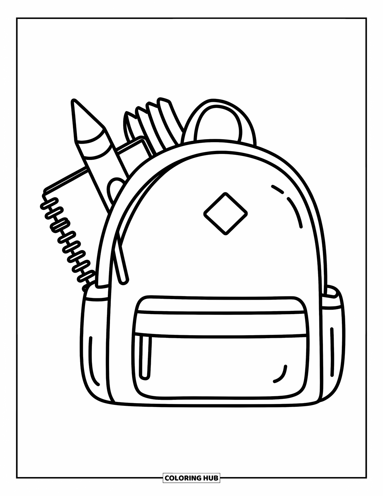 Back To School Coloring Page for Kids: Backpack with large school supplies sticking out in bold, easy shapes
