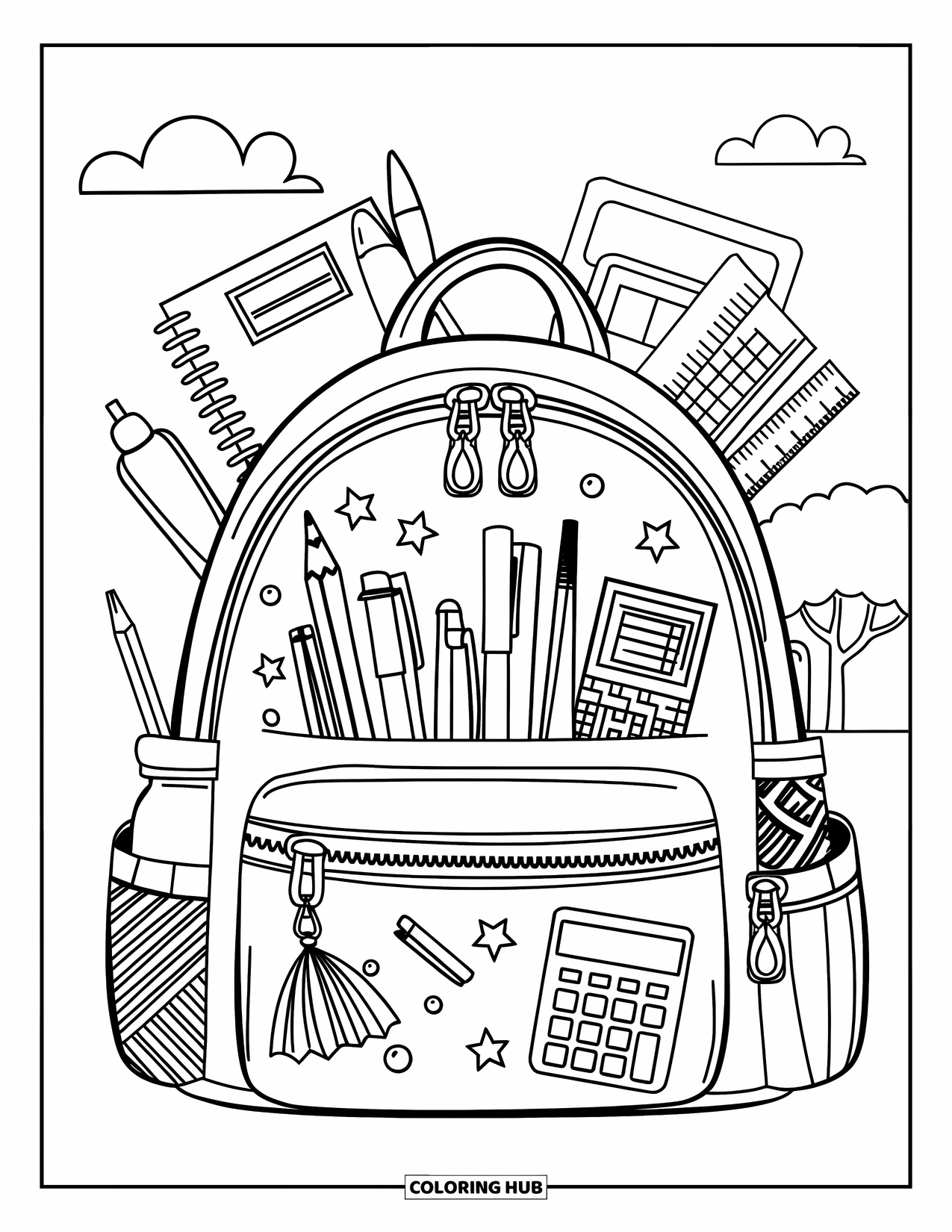 Back To School Coloring Page for Kids: Backpack with notebooks, water bottle, and lunchbox sits near clouds and a tree