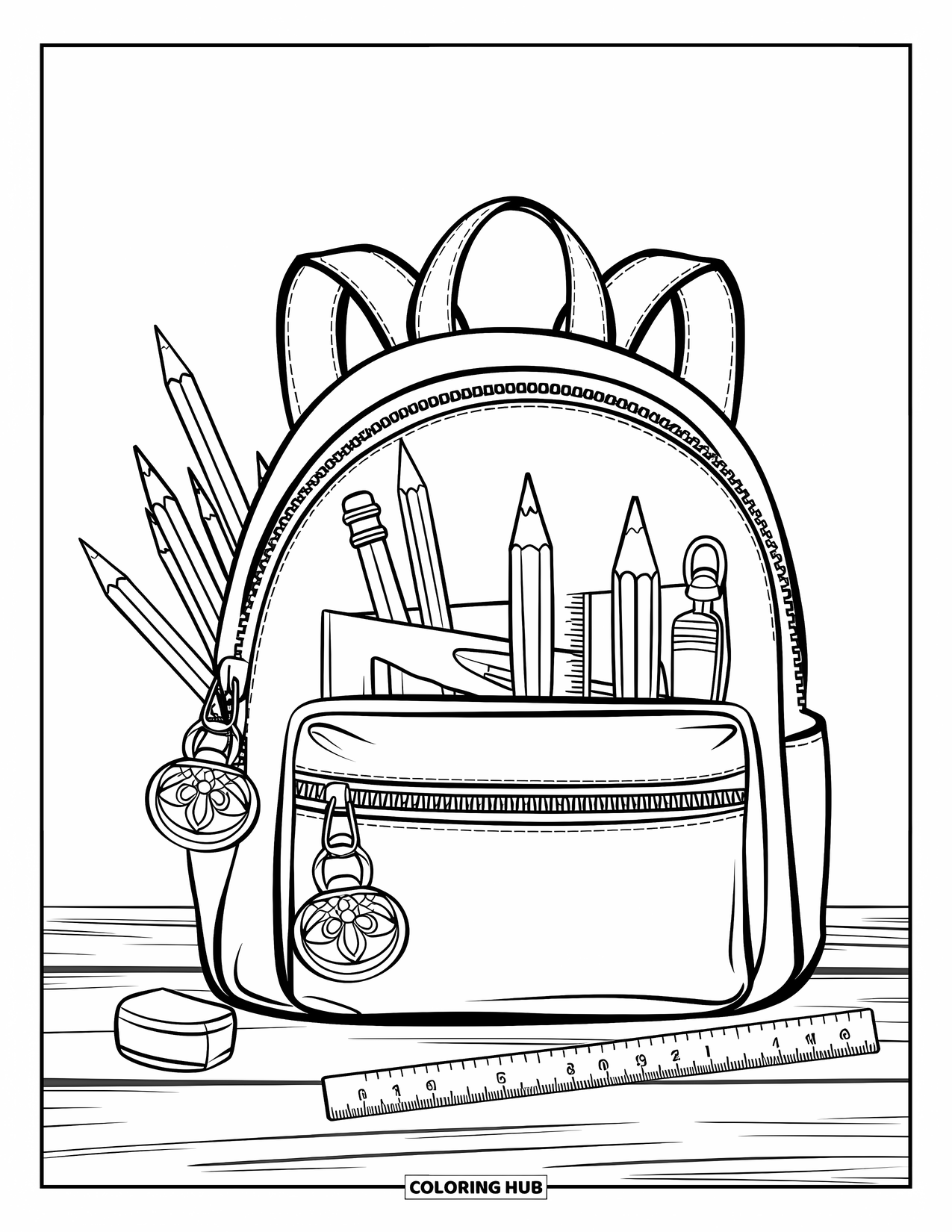 Back To School Coloring Page for Kids: Backpack with zippers and charms sits on a wooden table filled with school supplies