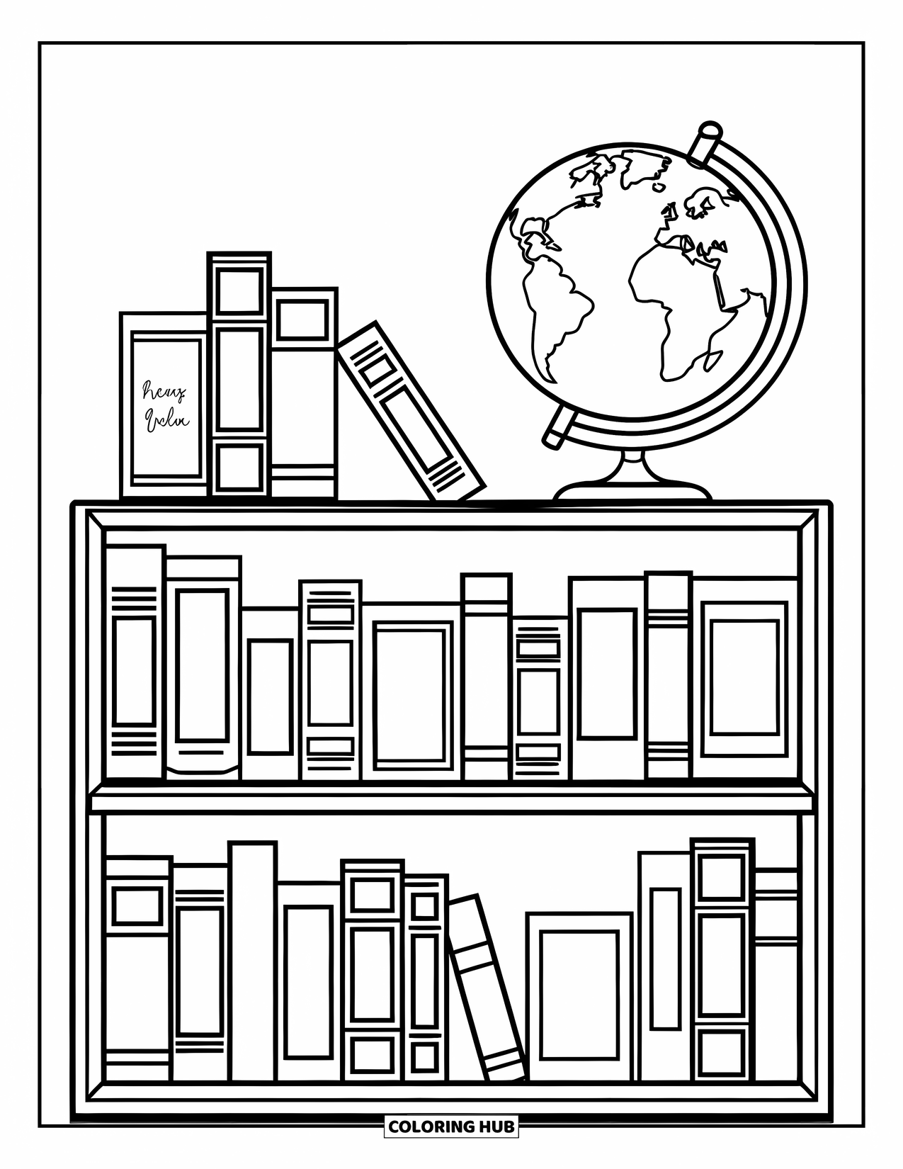 Back To School Coloring Page for Kids: Books with cursive labels and a globe sit neatly on classroom shelves