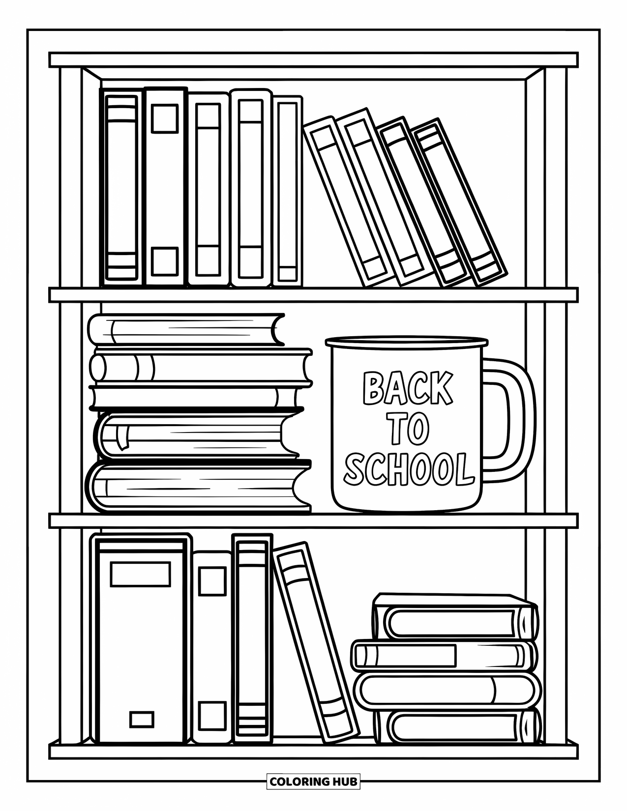 Back To School Coloring Page for Kids: Bookshelf with textbooks, folders, and a mug sits on a white background
