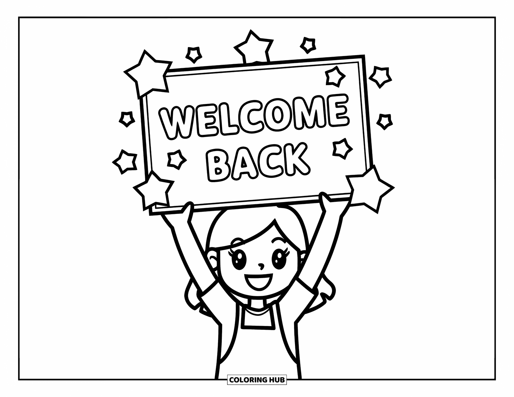 Back To School Coloring Page for Kids: Chibi teacher smiles under stars holding a welcome sign