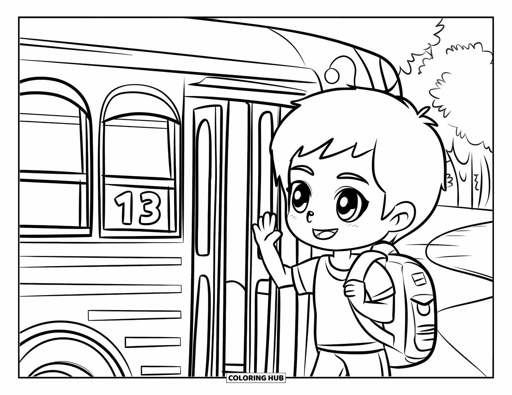 Back To School Coloring Page for Kids: Chibi teen gets on a bus marked "13" near trees and a walkway