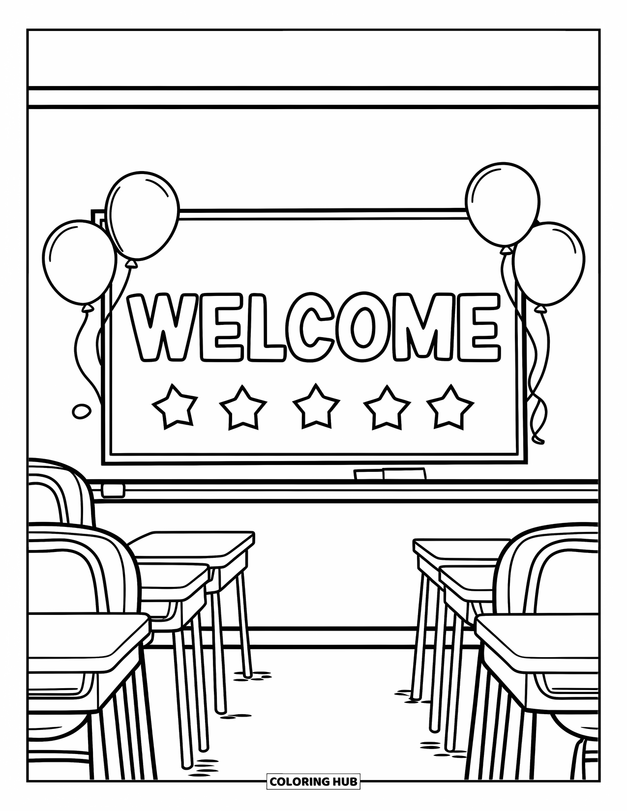 Back To School Coloring Page for Kids: Classroom wall with a welcome sign, balloons, and stars