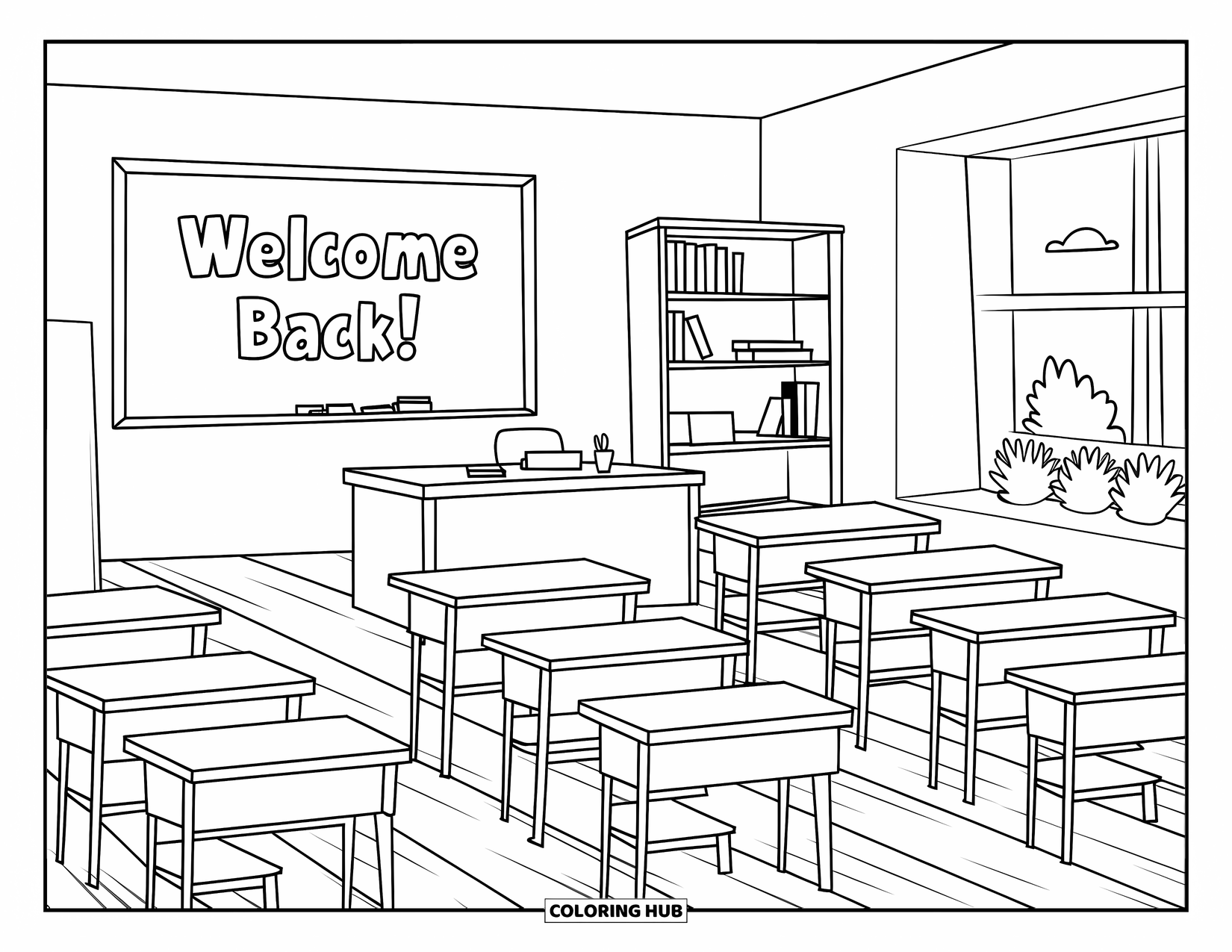 Back To School Coloring Page for Kids: Classroom with empty desks, a chalkboard saying "Welcome Back," and plants by the window
