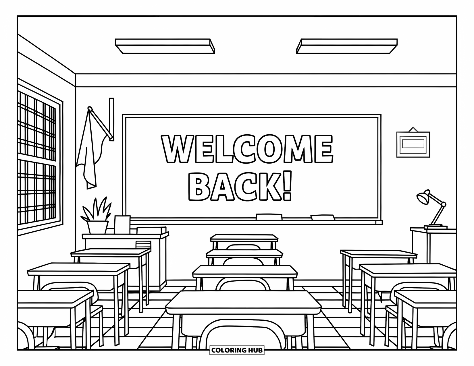 Back To School Coloring Page for Kids: Classroom with flag, lamp, plant, and a geometric floor under a "Welcome Back" sign