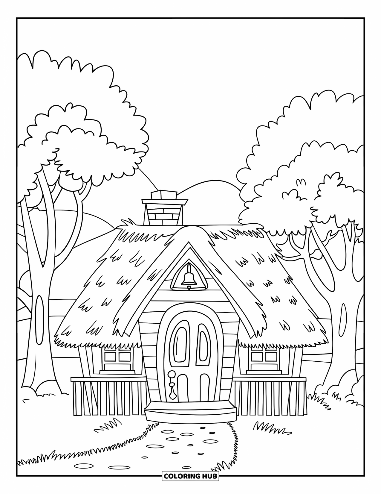 Back To School Coloring Page for Kids: Cozy schoolhouse with a bell and a tree-lined path