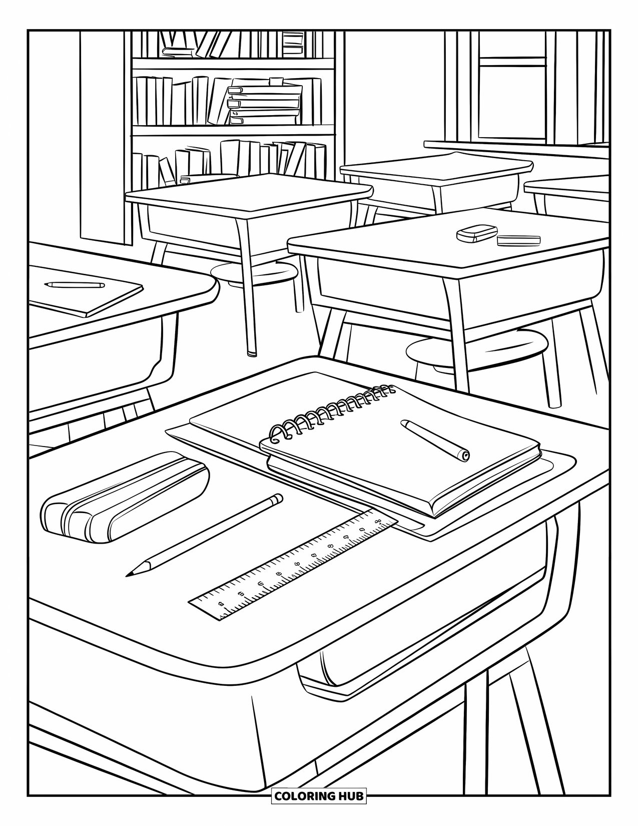 Back To School Coloring Page for Kids: Desk with books, window, and a shelf of classroom supplies