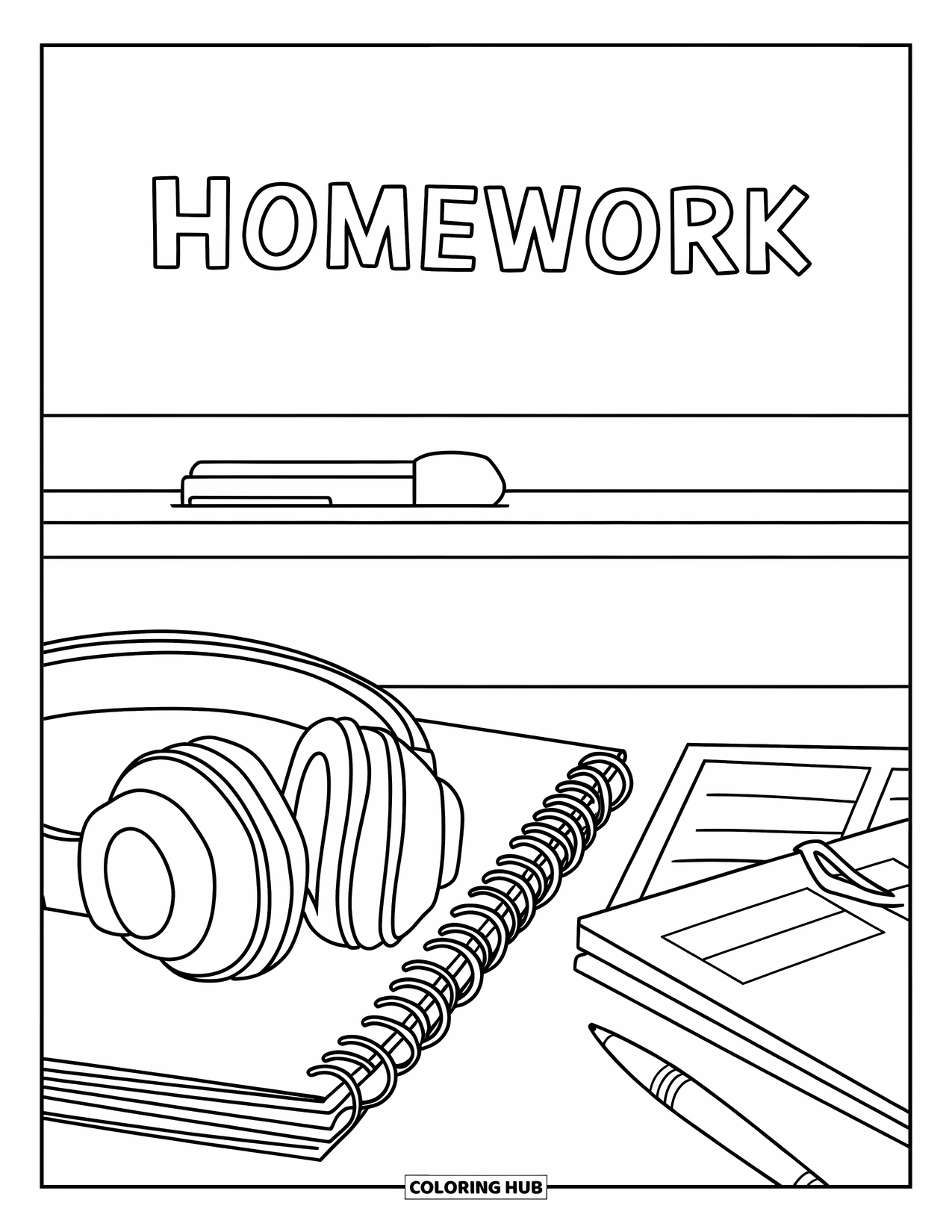 Back To School Coloring Page for Kids: Desk with headphones, notebook, and a whiteboard that says "Homework"