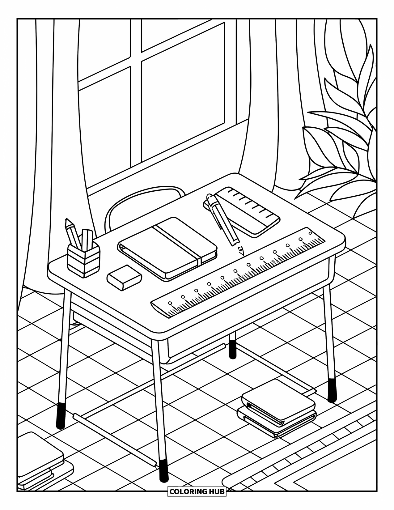 Back To School Coloring Page for Kids: Desk with school supplies near books, plant, and a window