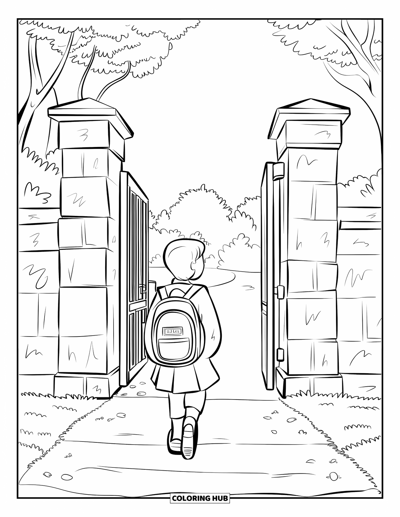 Back To School Coloring Page for Kids: Hair-tied student with backpack walks through a stone school gate