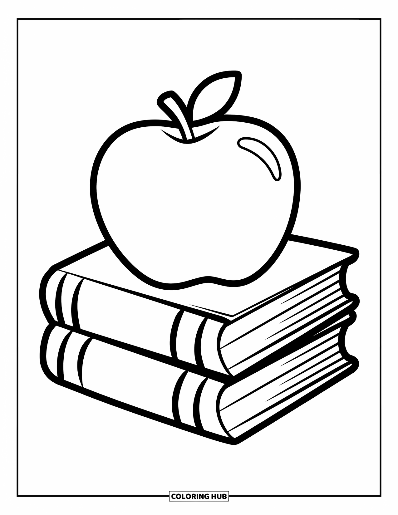 Back To School Coloring Page for Kids: Happy apple with a face sits on a book stack