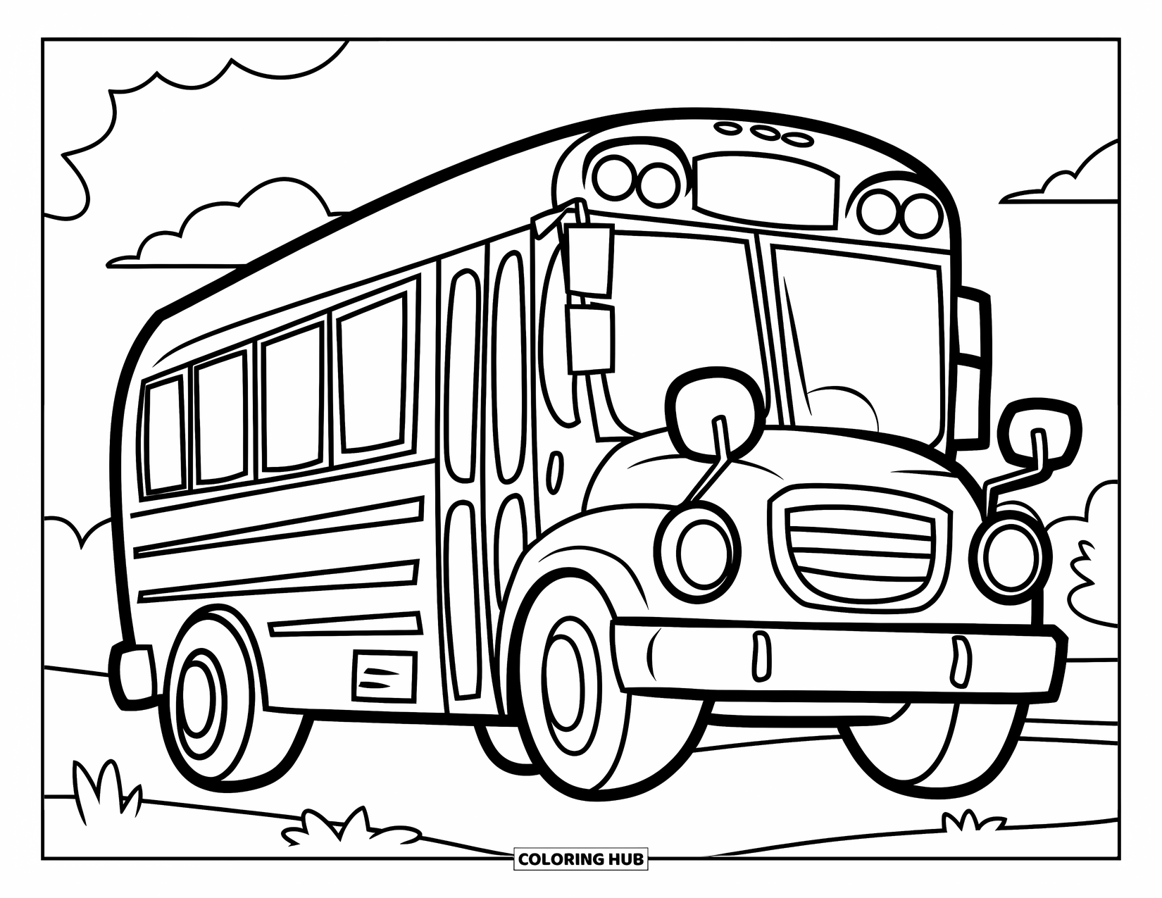 Back To School Coloring Page for Kids: Happy school bus on grassy field beneath a sunny sky