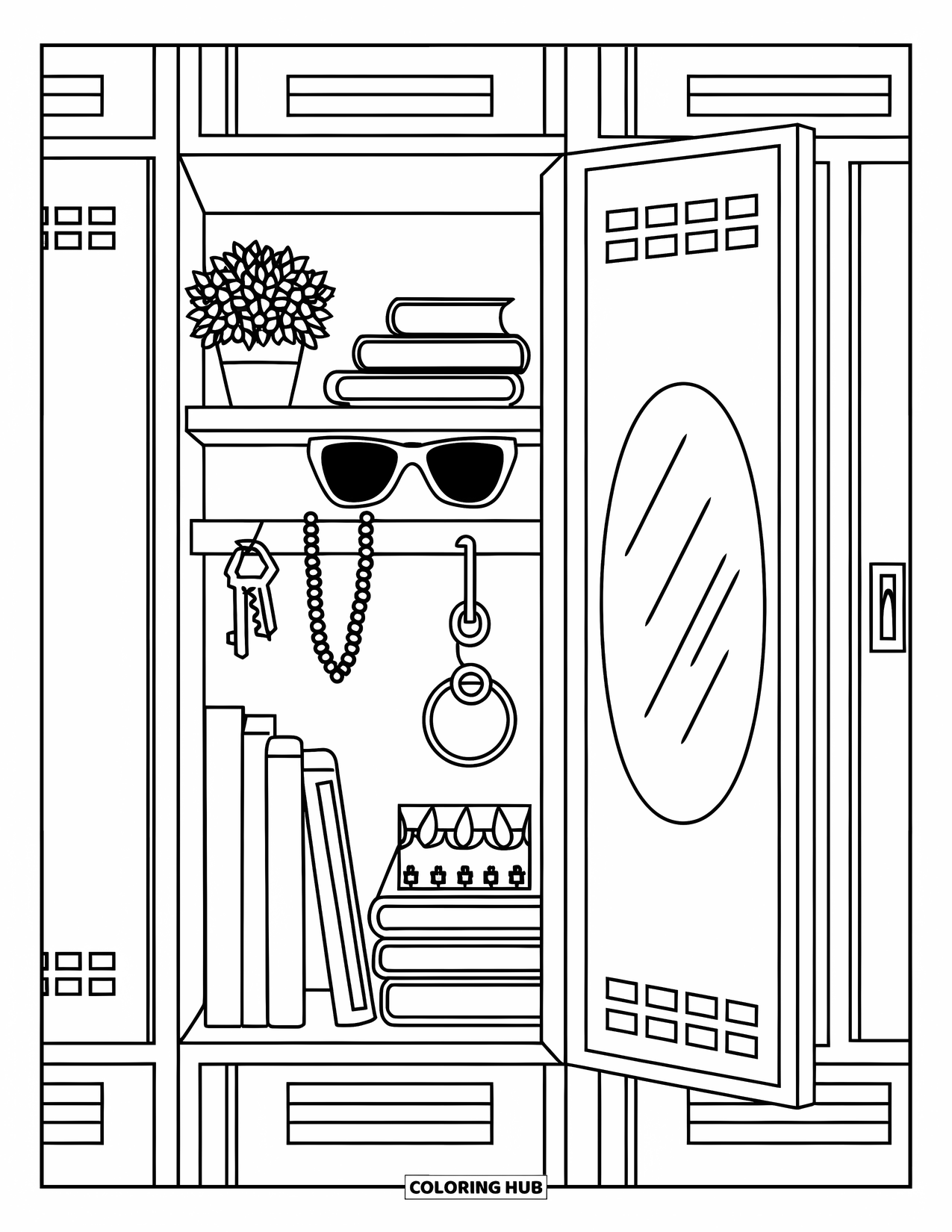 Back To School Coloring Page for Kids: Locker holds books, sunglasses, necklace, and mirror on the door