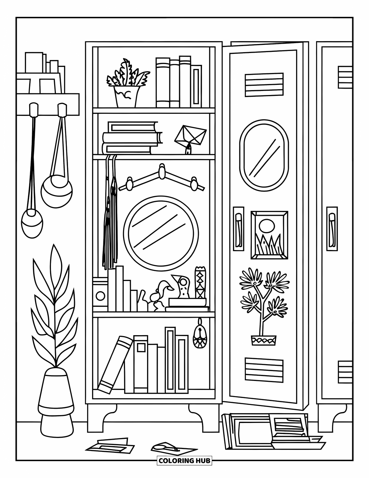 Back To School Coloring Page for Kids: Locker interior decorated with books, mirror, plant, and shelves of cute items