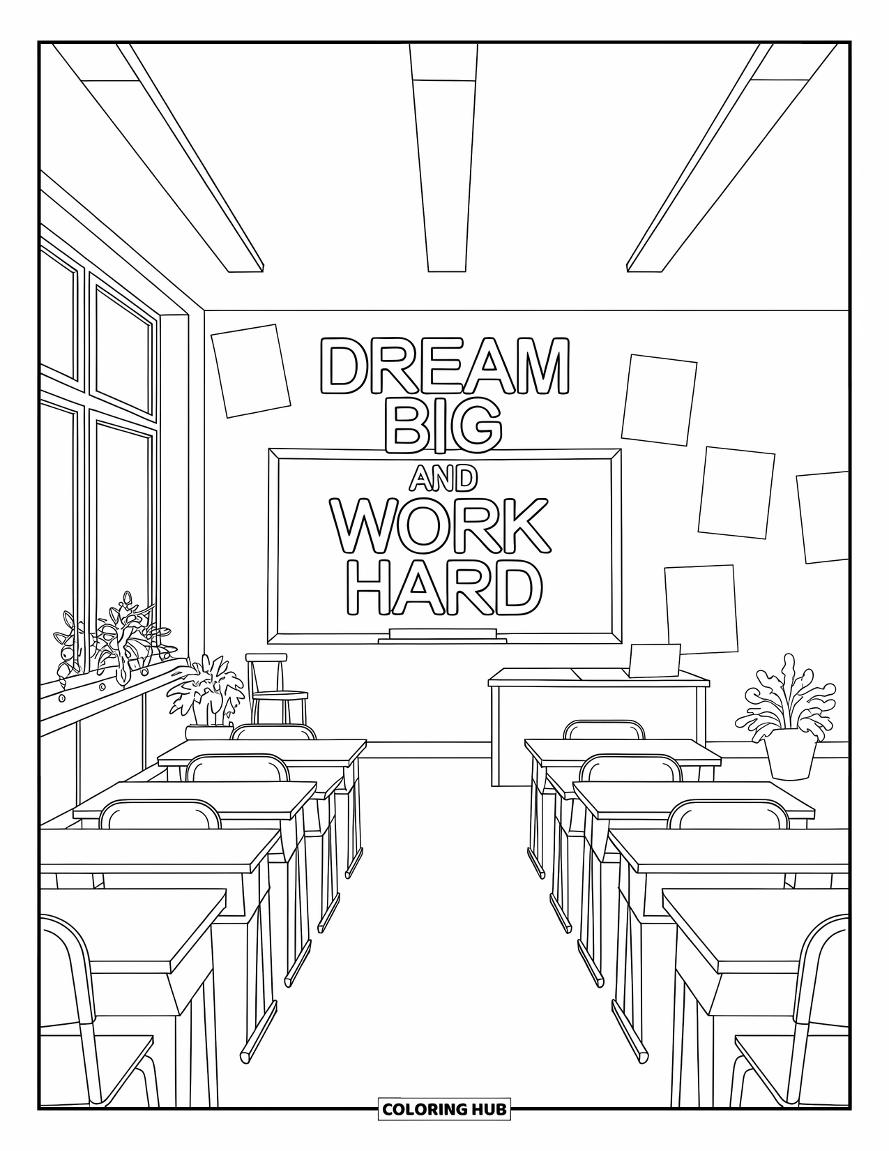 Back To School Coloring Page for Kids: Modern classroom with empty desks, large windows, plants, and a chalkboard that inspires