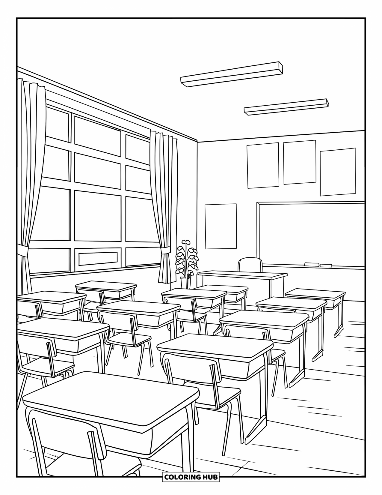 Back To School Coloring Page for Kids: Modern classroom with quotes, curtains, a whiteboard, and a neat teacher's desk