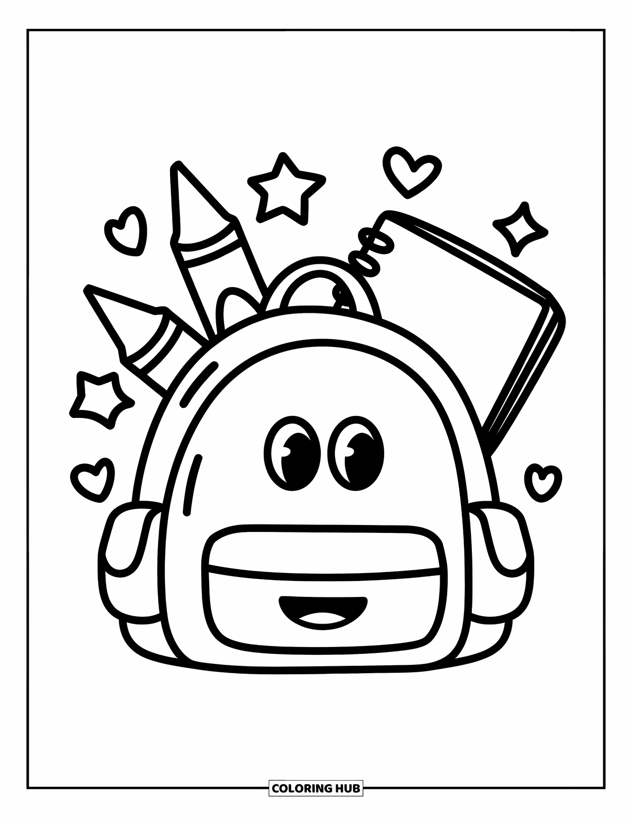 Back To School Coloring Page for Kids: Smiley backpack with stars, hearts, and big school supplies sticking out