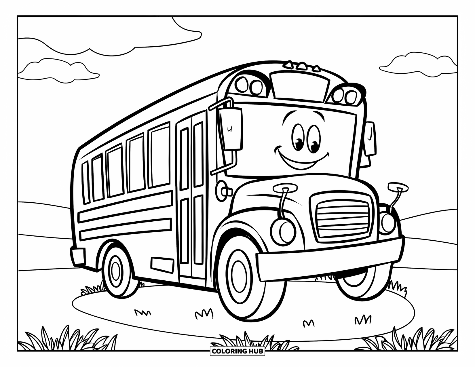 Back To School Coloring Page for Kids: Smiling school bus with rolling hills and clear skies behind it