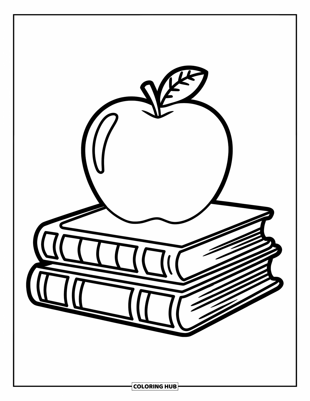Back To School Coloring Page for Kids: Stack of books with a smiling apple on top