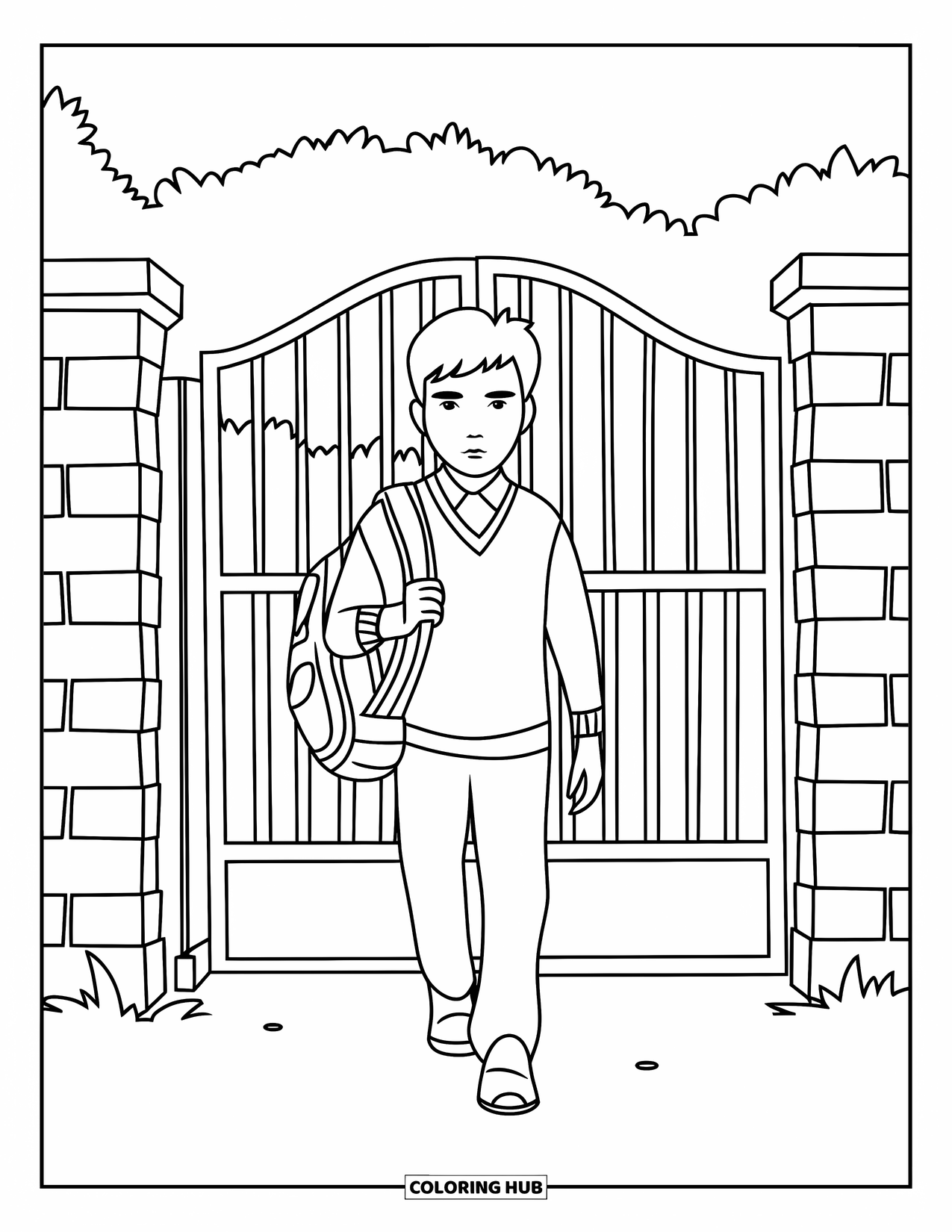 Back To School Coloring Page for Kids: Student in uniform walks through the school gate with a backpack