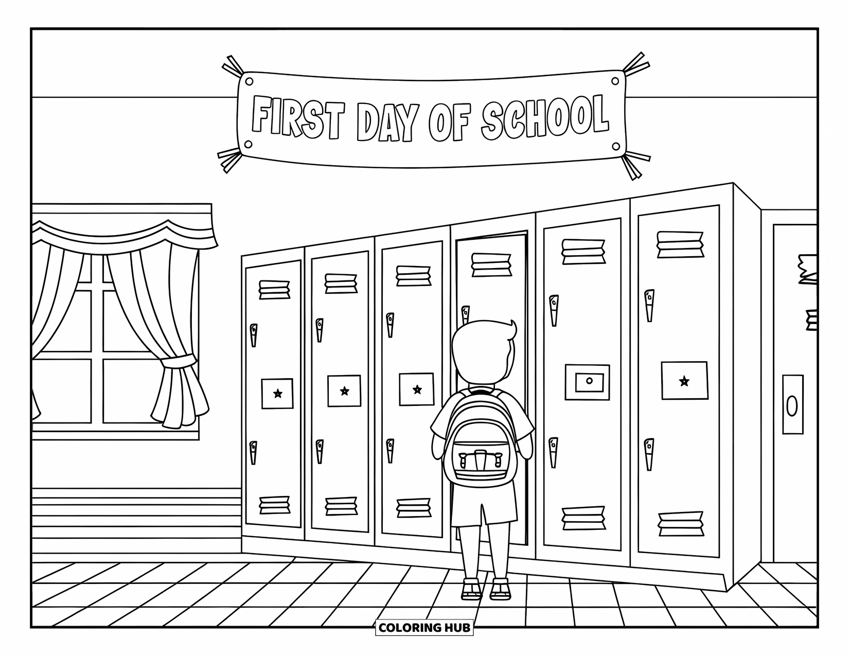 Back To School Coloring Page for Kids: Student with backpack stands near patterned lockers and a curtained window