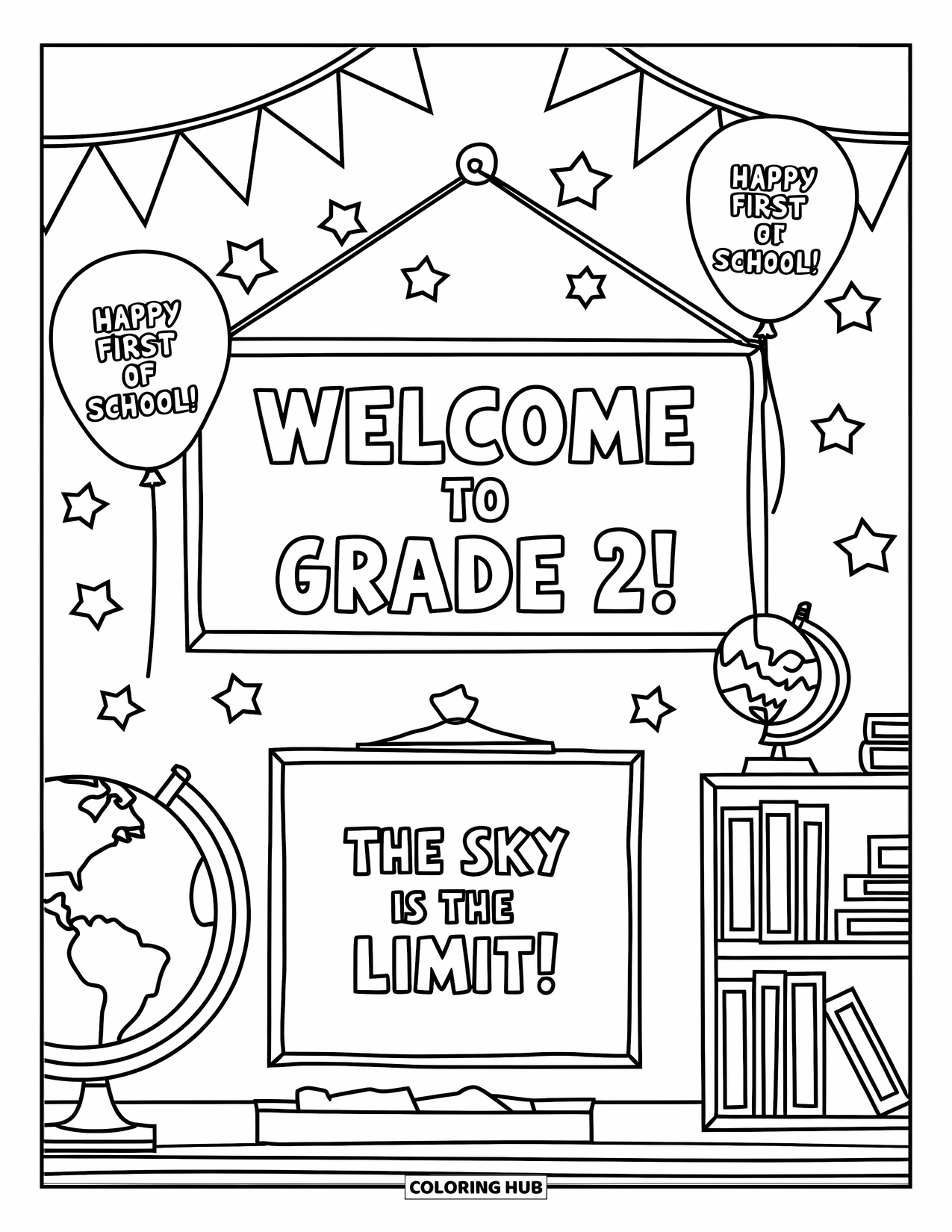 Back To School Coloring Page for Kids: Welcome and chalkboard signs with balloons, books, and a globe nearby