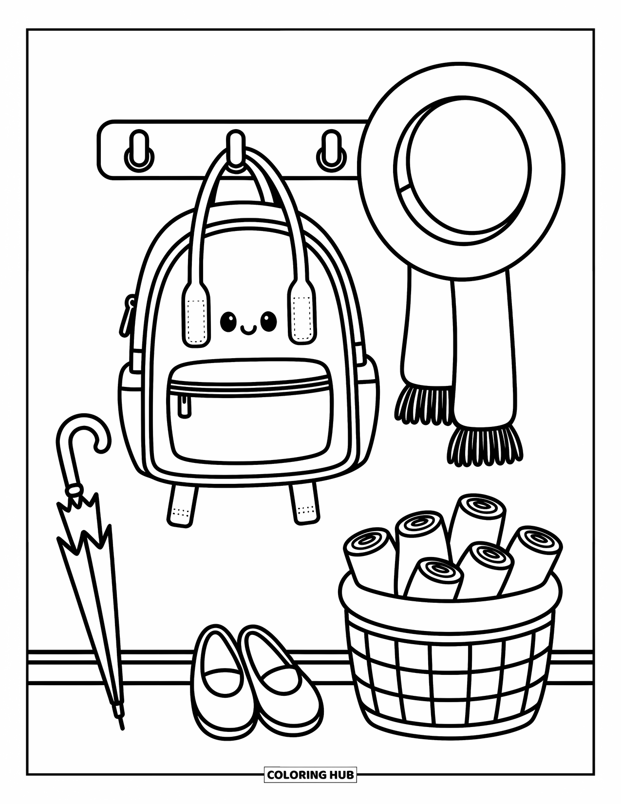 Backpack Coloring Page for Adults: Adorable entryway scene with a hanging backpack and cozy little touches all around