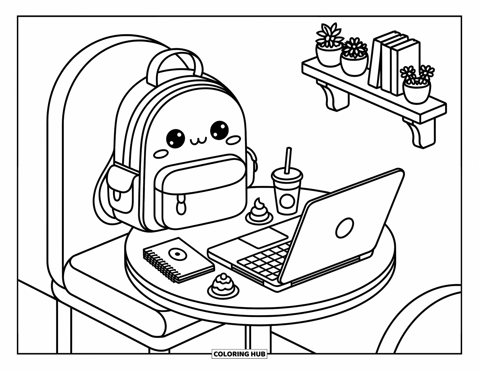 Backpack Coloring Page for Adults: Backpack sits on a café chair beside a cozy table with dessert and planner