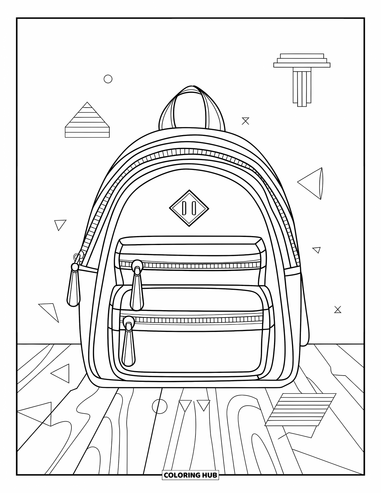 Backpack Coloring Page for Adults: Backpack with geometric stitches rests on wood, surrounded by stylish shapes