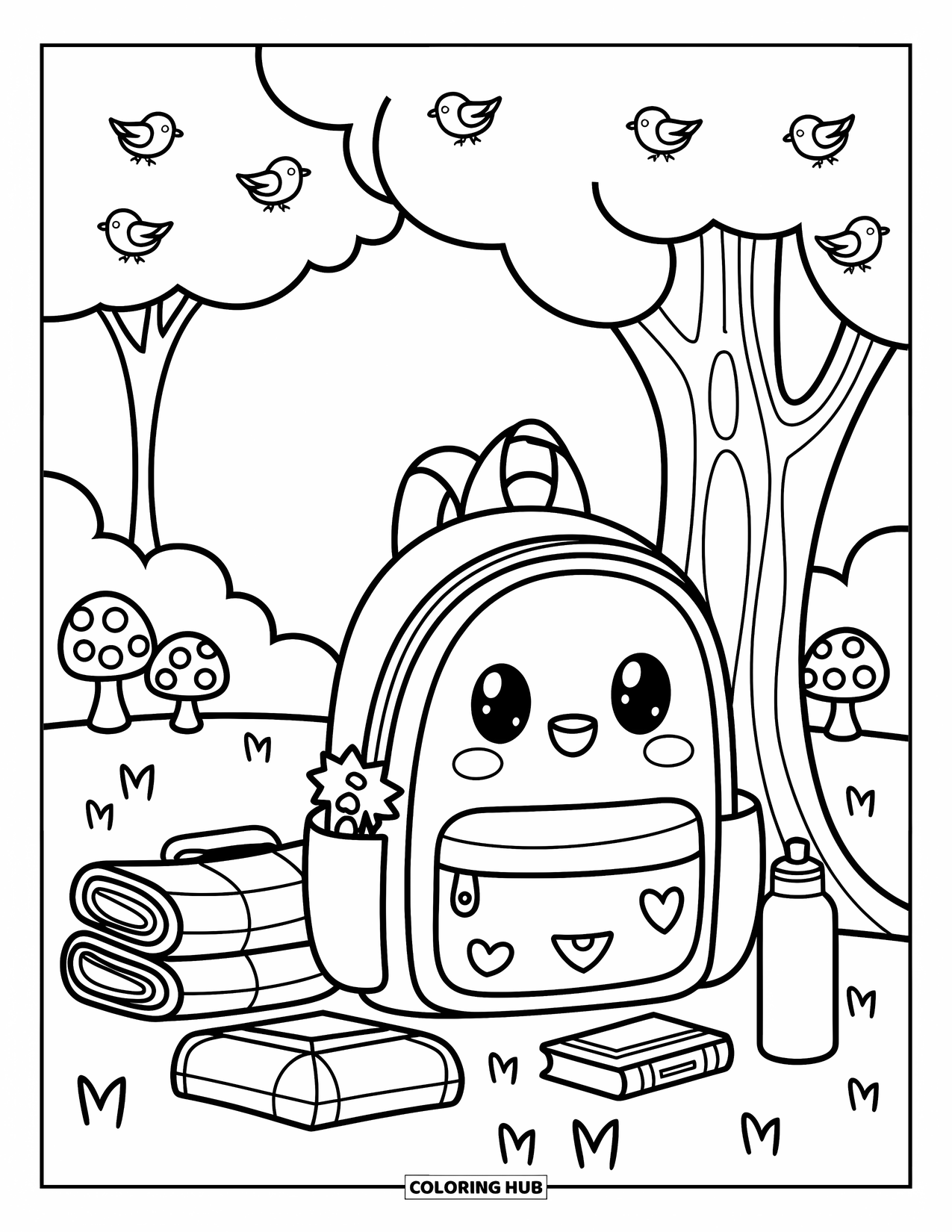 Backpack Coloring Page for Adults: Cozy picnic setup with backpack, birds in the trees, and grass dotted with mushrooms