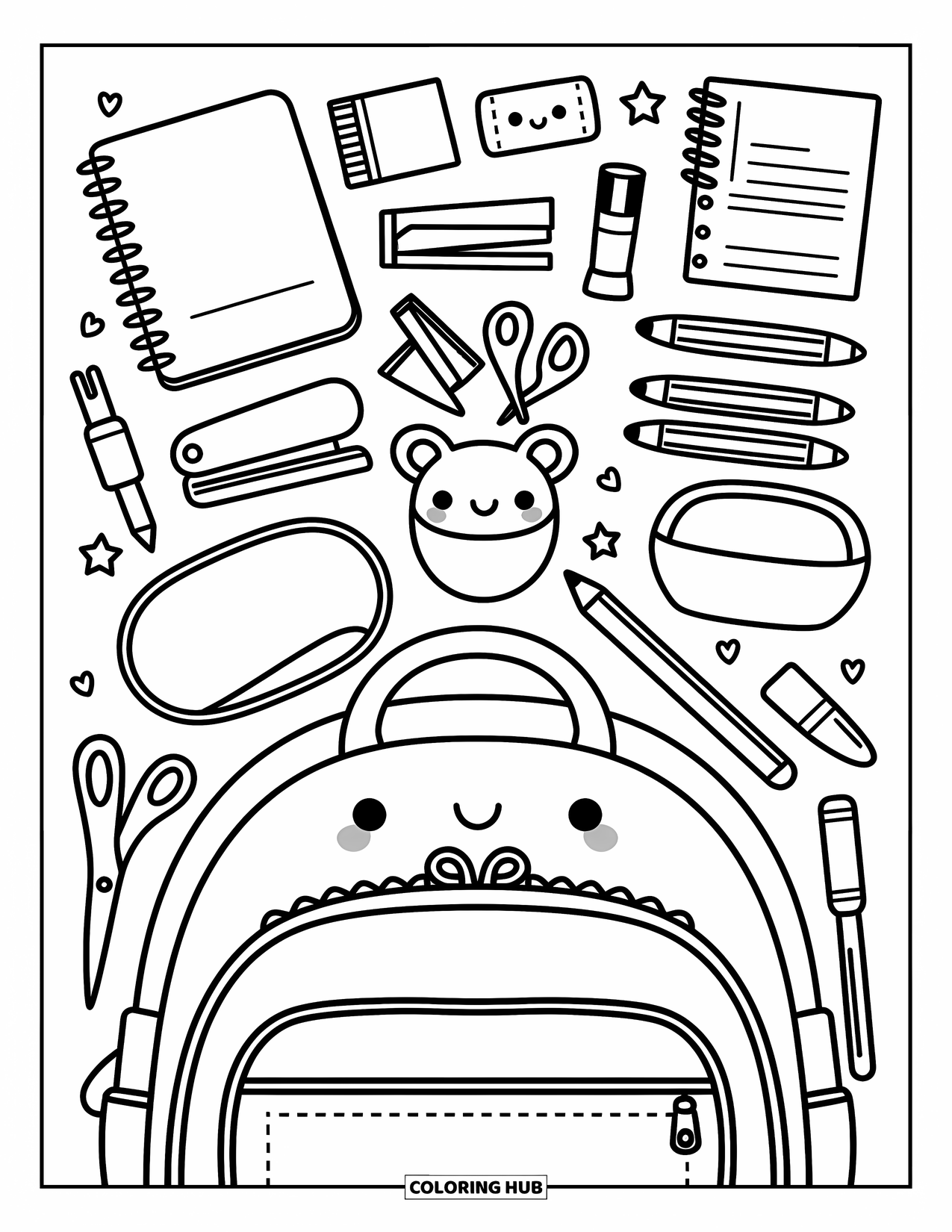 Backpack Coloring Page for Adults: Cute top-view of backpack supplies neatly arranged in a grid
