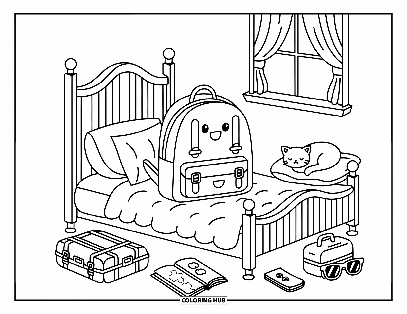Backpack Coloring Page for Adults: Cute travel setup with backpack, suitcase, and a cat dozing beside flowing curtains