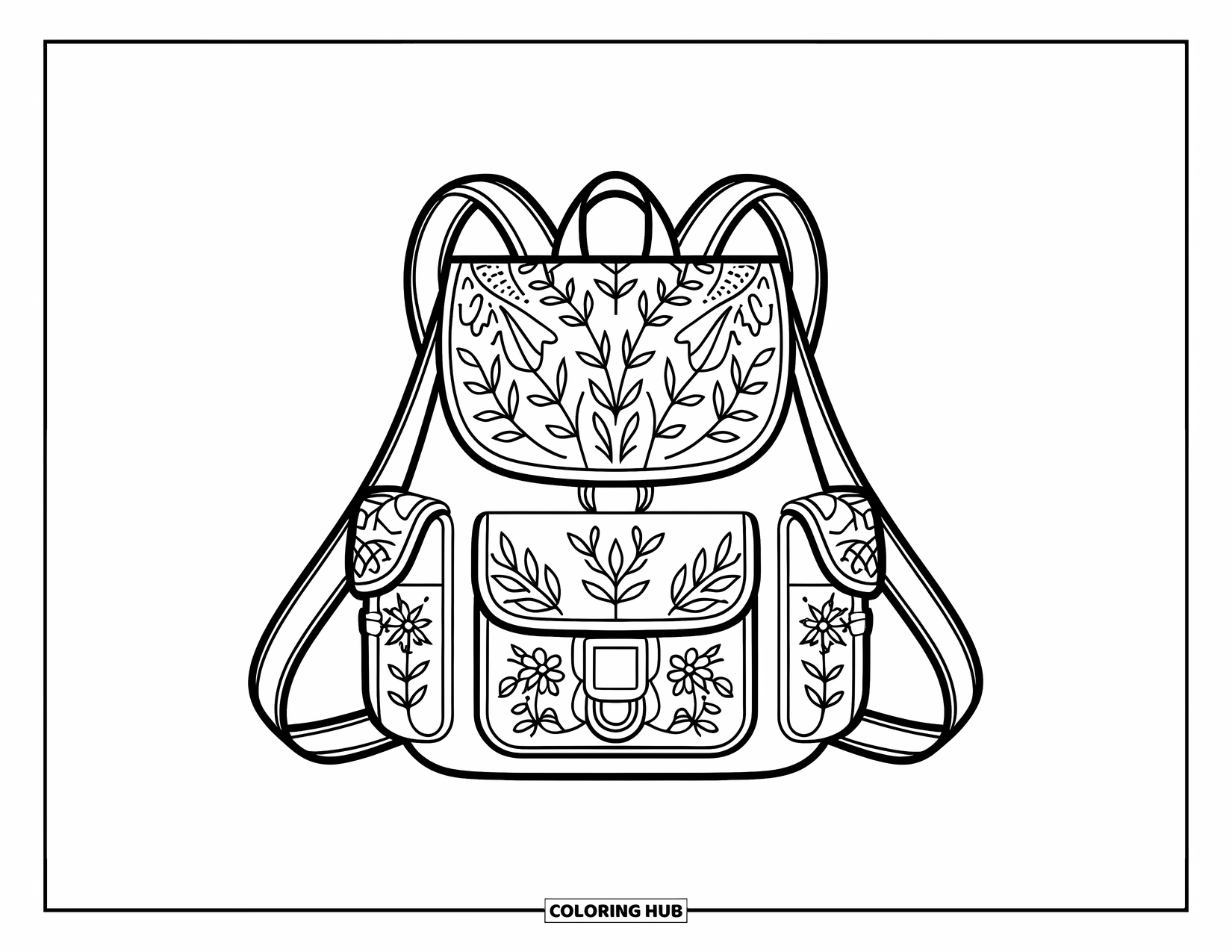 Backpack Coloring Page for Adults: Detailed backpack with floral engravings pops on a clean white background