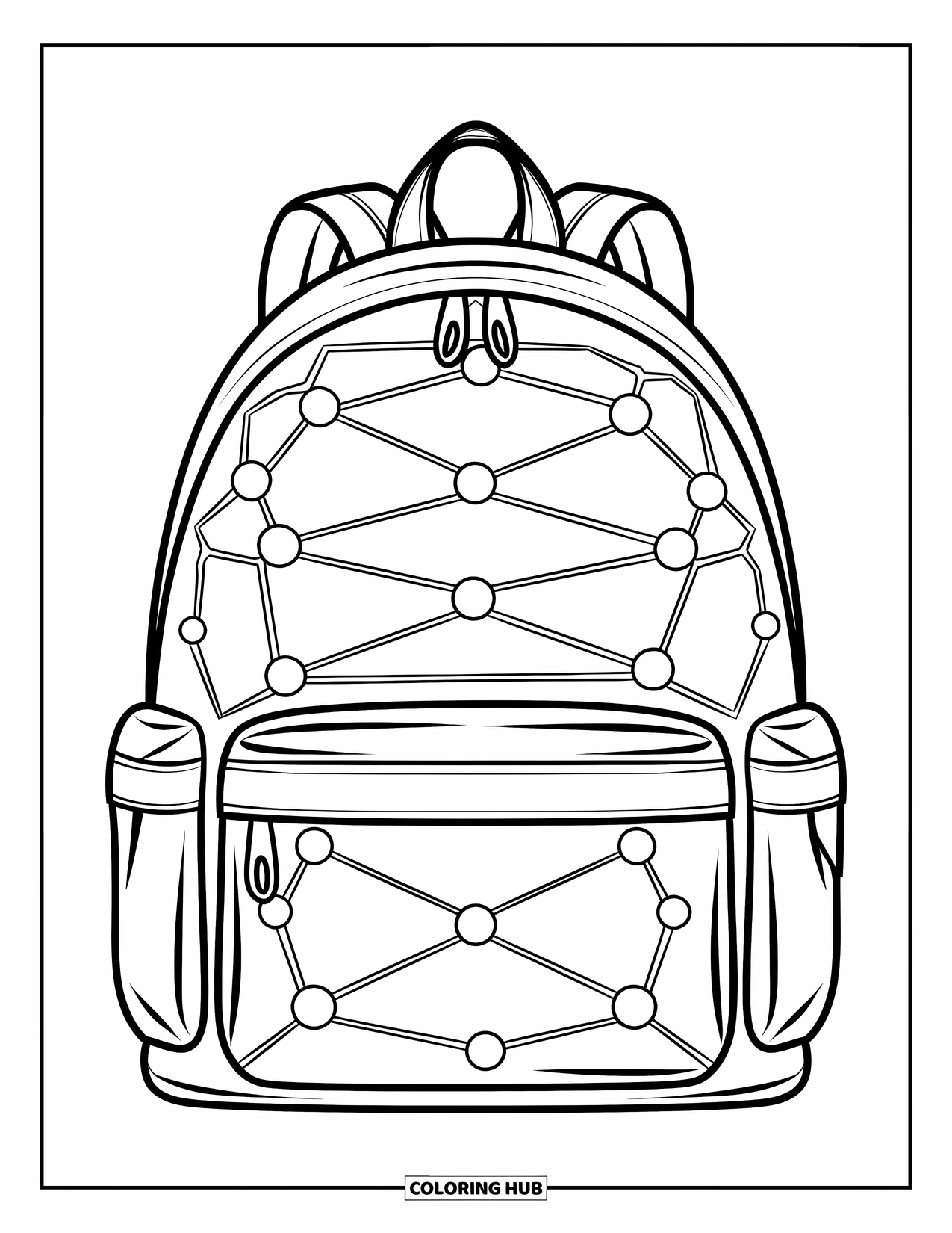 Backpack Coloring Page for Adults: Geometric backpack design with layered compartments and clean, bold outlines
