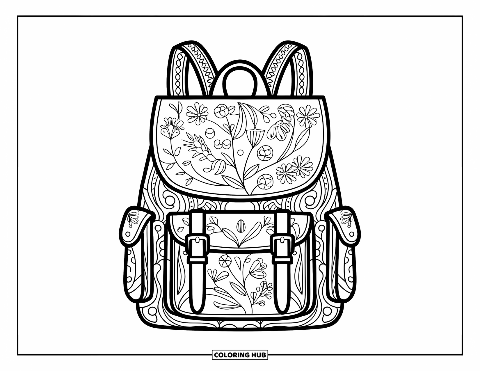 Backpack Coloring Page for Adults: Intricate botanical backpack outlined boldly for a relaxing adult coloring session