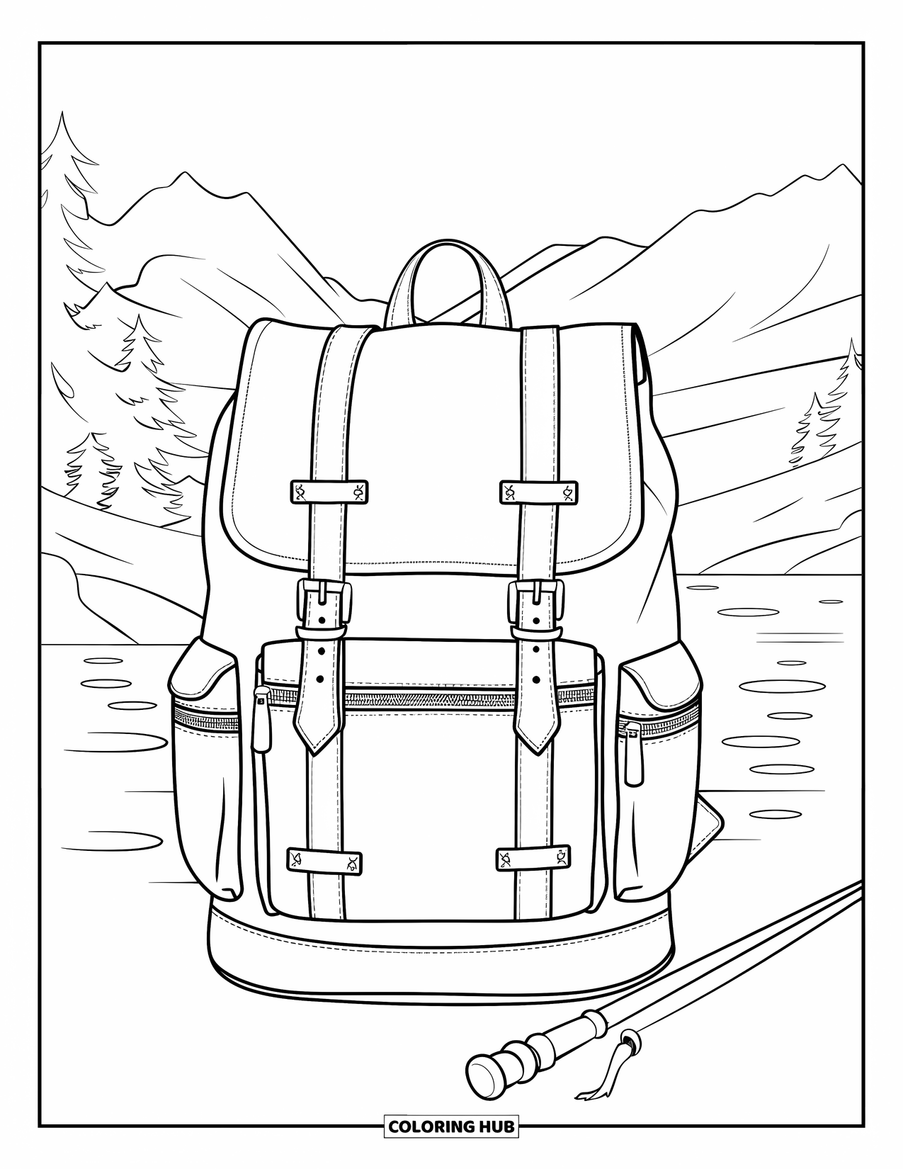 Backpack Coloring Page for Adults: Layered travel backpack and hiking pole set in a tranquil nature scene